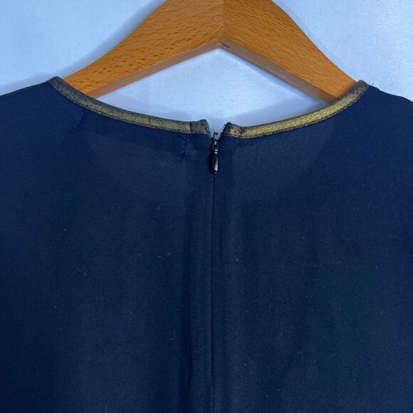 August Silk NWT Black Gold Trim Keyhole Bell Sleeve Silky Blouse Size Small - Picture 6 of 10
